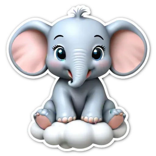A elephant sticker in the clouds with a pink ear.