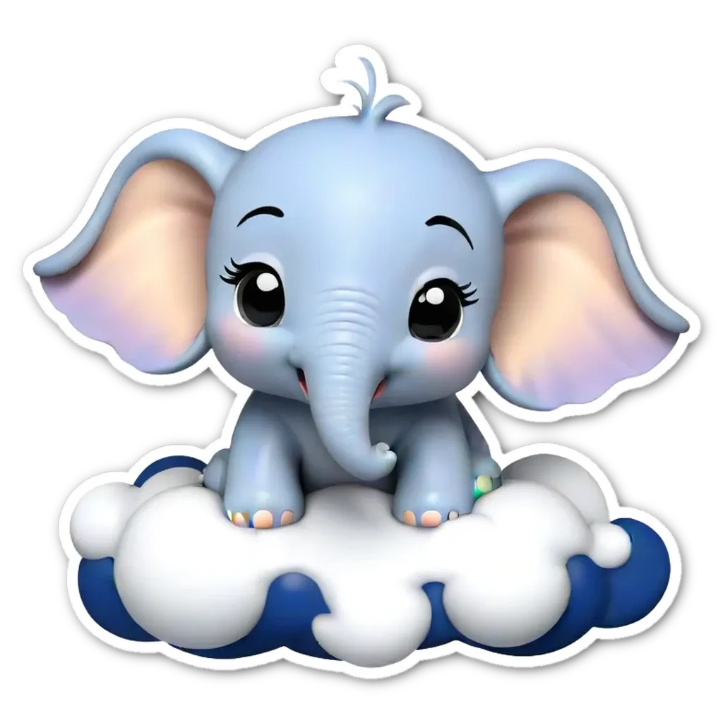 A blue elephant sticker in the clouds.