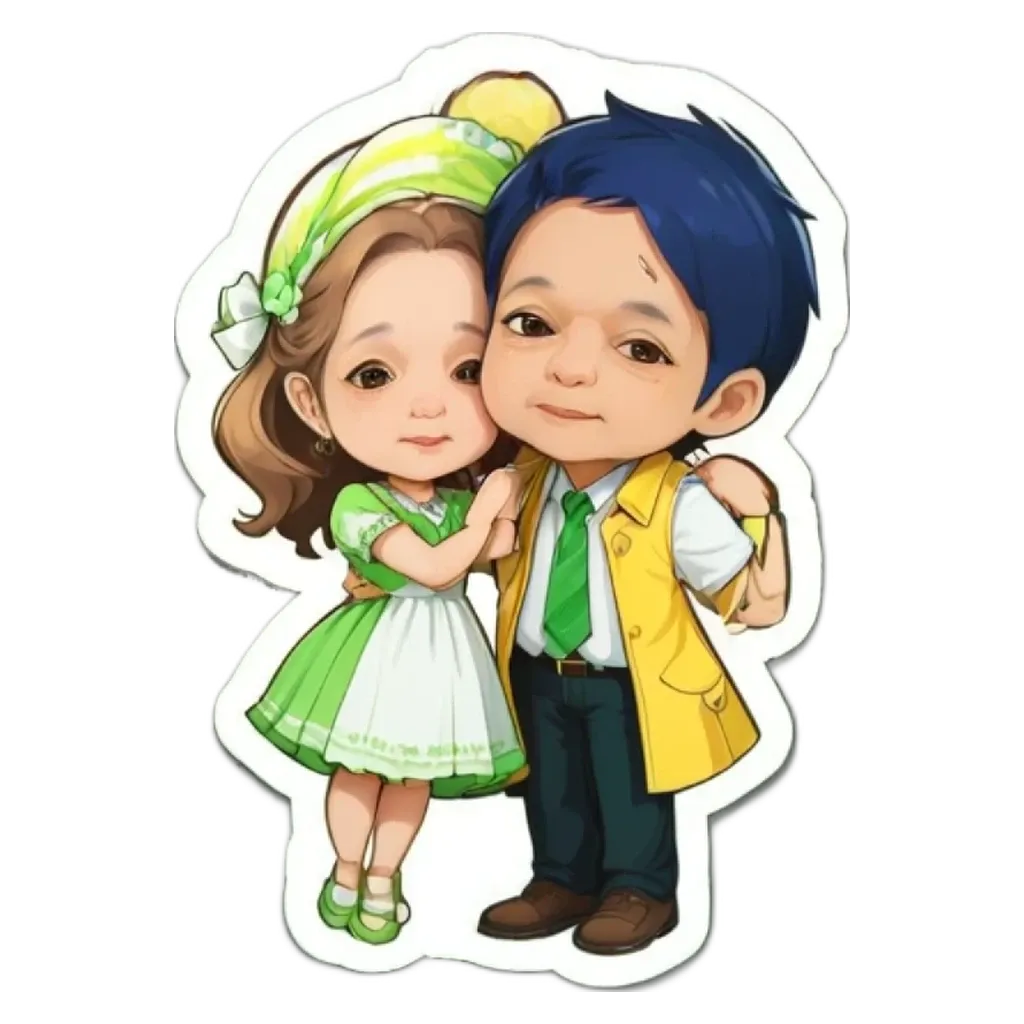 A boy and girl wearing a green dress and yellow jacket.