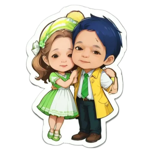 A boy and girl wearing a green dress and yellow jacket.