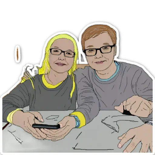 Two people wearing glasses are sitting next to each other.