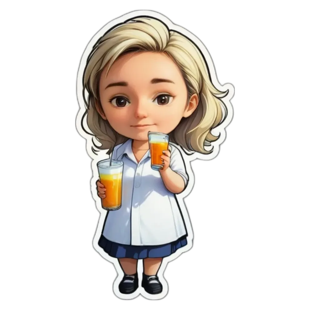 A girl wearing a white dress and holding two glasses of orange juice.