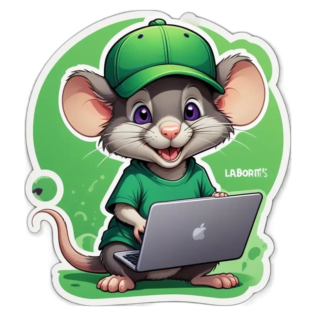 A cartoon mouse wearing a green hat and using a laptop.
