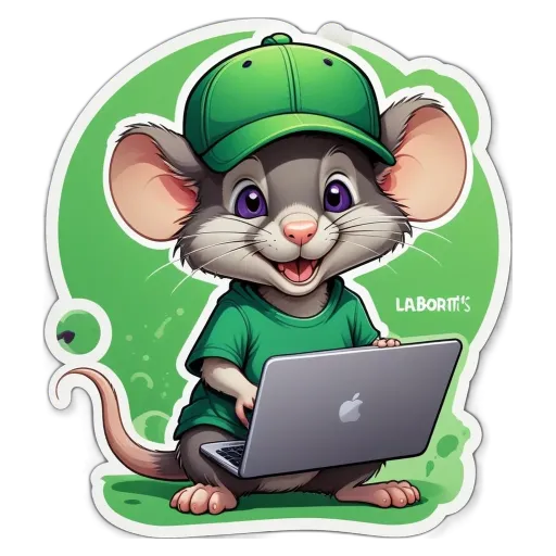 A cartoon mouse wearing a green hat and using a laptop.
