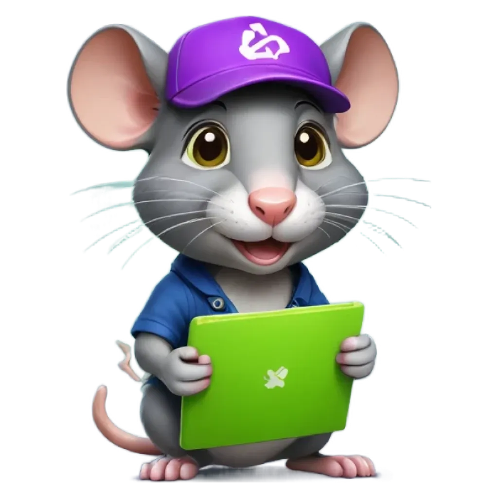 a cartoon image of a mouse holding a green apple laptop.