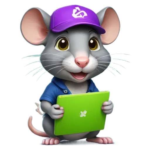 a cartoon image of a mouse holding a green apple laptop.