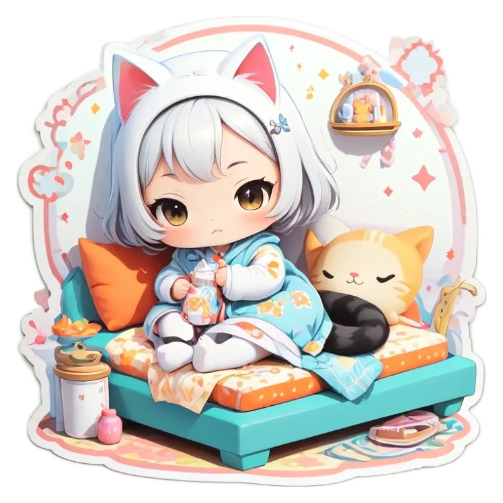 A girl with a cat next to her on a bed.