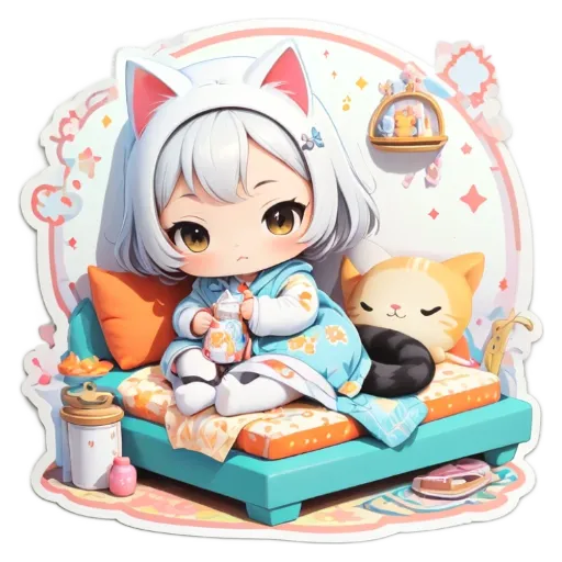 A girl with a cat next to her on a bed.