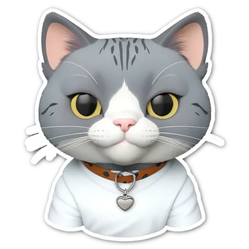 A cat wearing a white shirt and a collar with a heart tag.