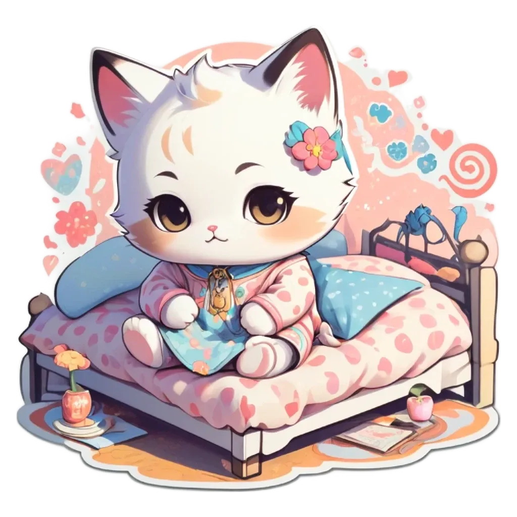 A cartoon cat on a bed with a stuffed animal and a book.