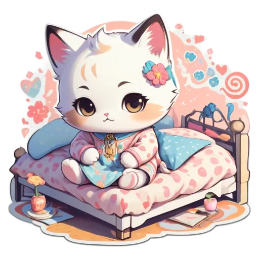 A cartoon cat on a bed with a stuffed animal and a book.