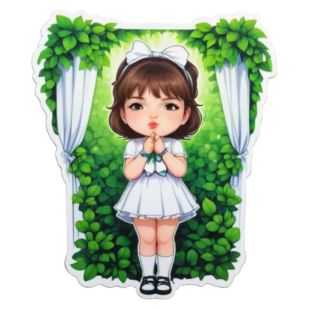 A girl wearing a white dress and a bow on her head.