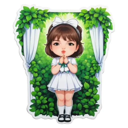A girl wearing a white dress and a bow on her head.