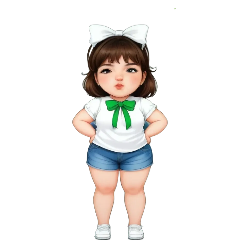 A girl is wearing a white and green bow on her shirt.