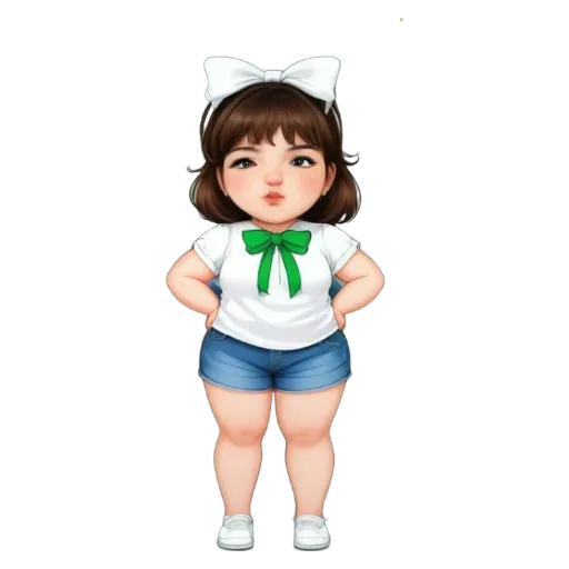 A girl is wearing a white and green bow on her shirt.