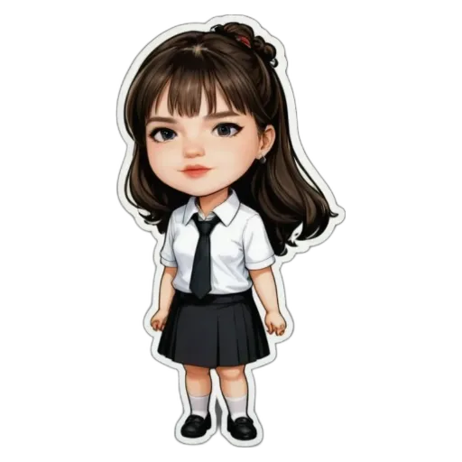 A sticker of a girl in a uniform that is black and white.