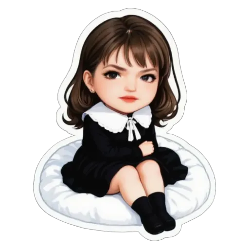 A girl is sitting on a pillow in a black dress.