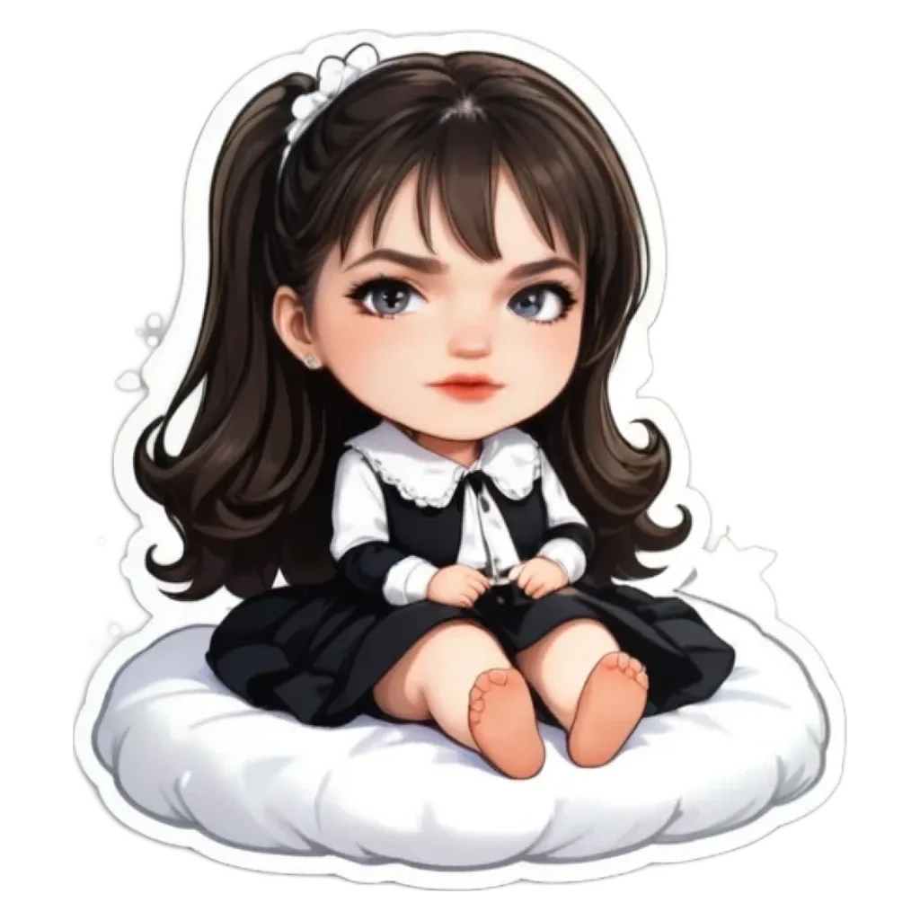 A girl is sitting on a white and black pillow.