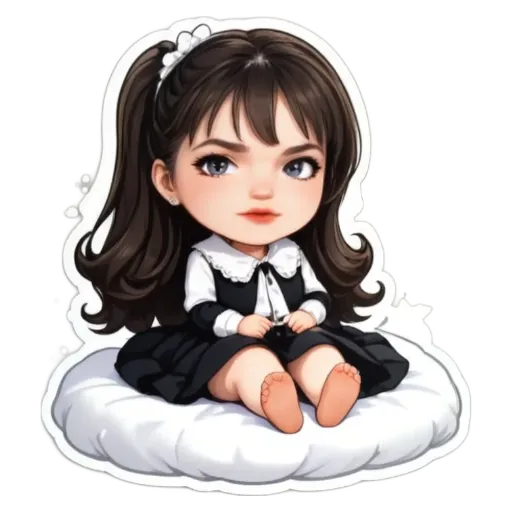 A girl is sitting on a white and black pillow.