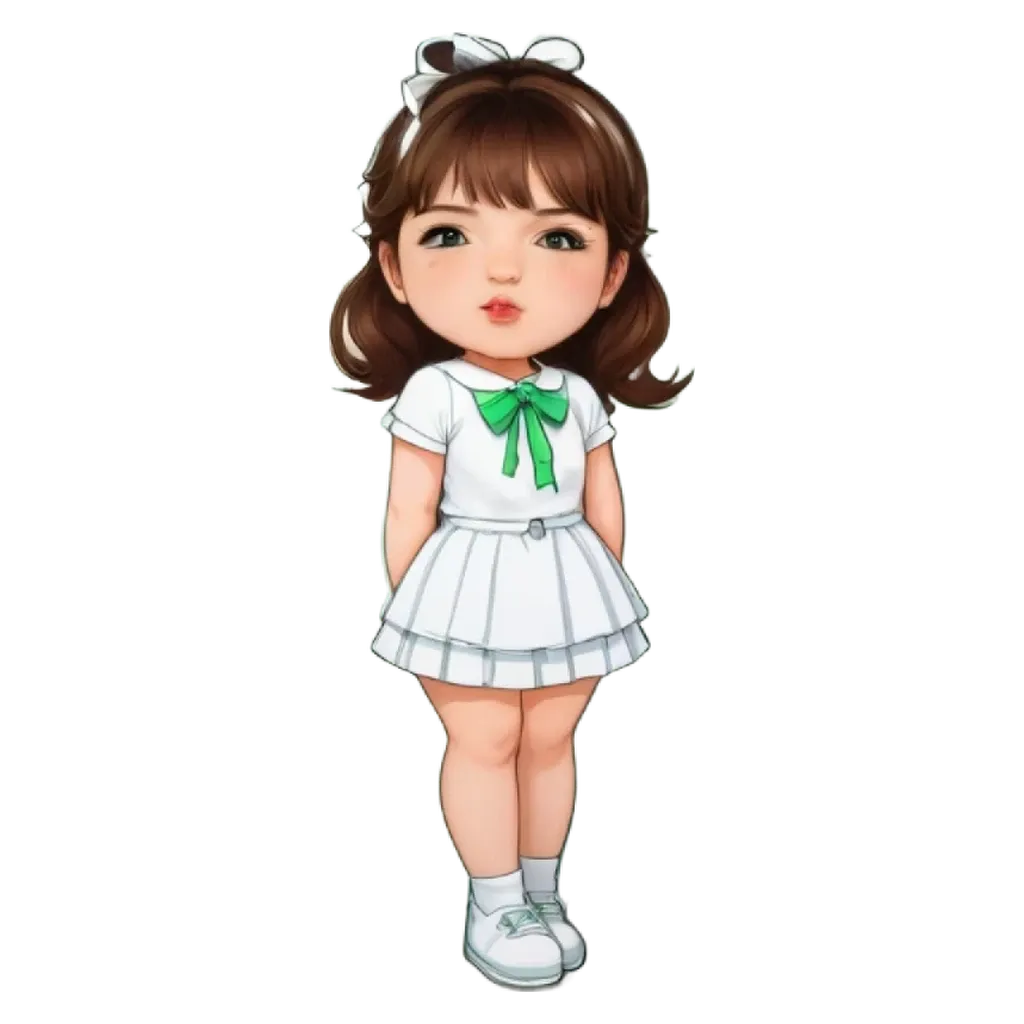 A girl wearing a white dress with a green bow on it.