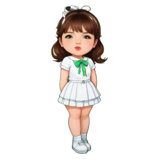 A girl wearing a white dress with a green bow on it.