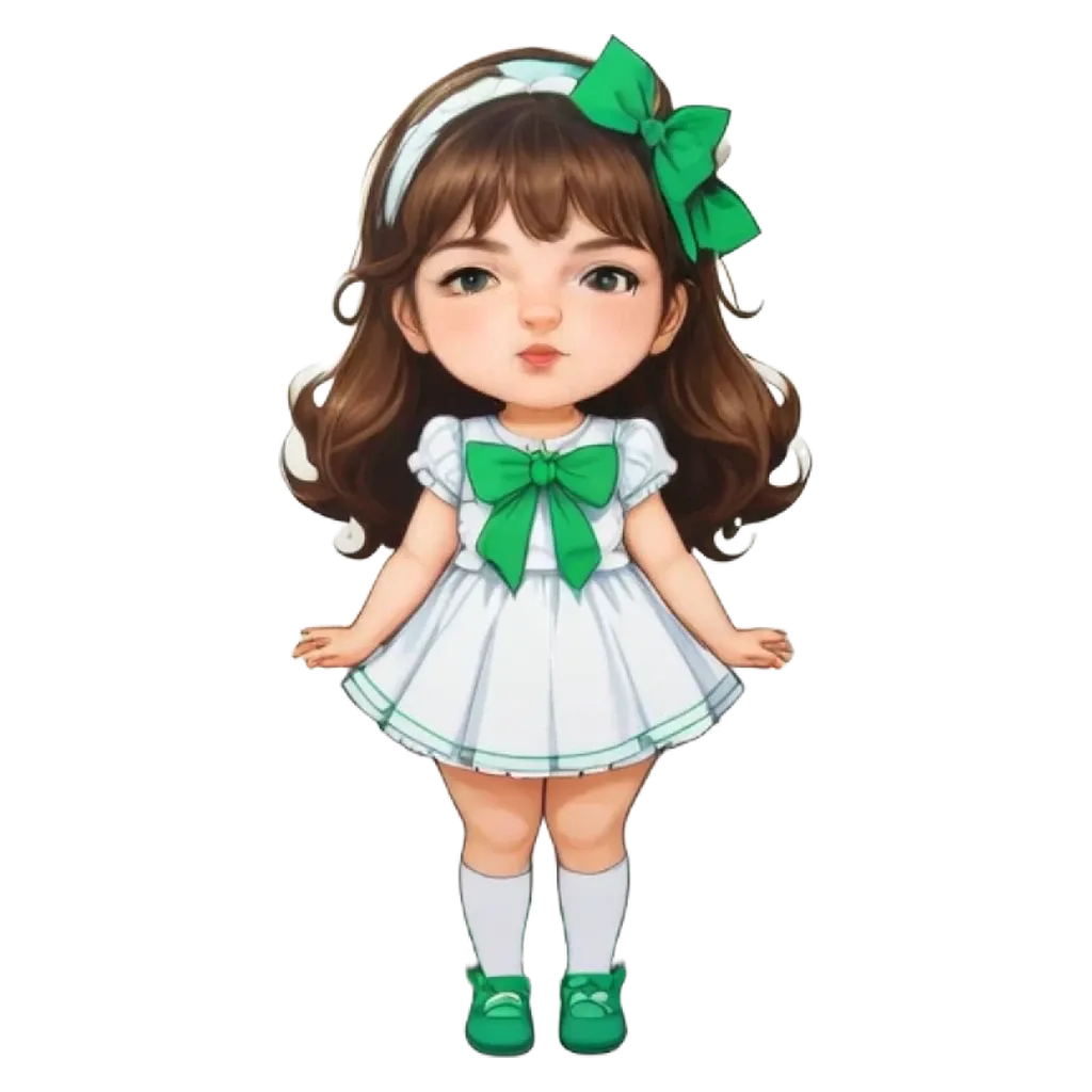 A girl wearing a white dress with a green bow on it.