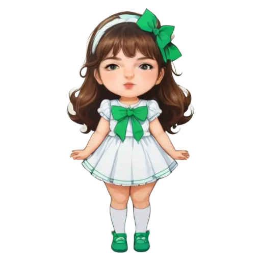 A girl wearing a white dress with a green bow on it.
