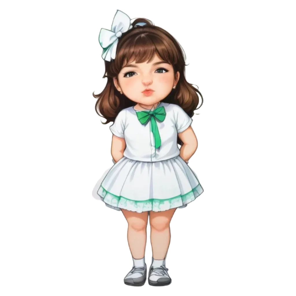 A girl wearing a white dress with a green bow on it.
