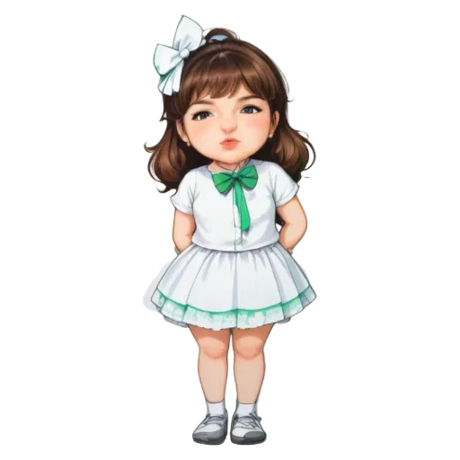 A girl wearing a white dress with a green bow on it.