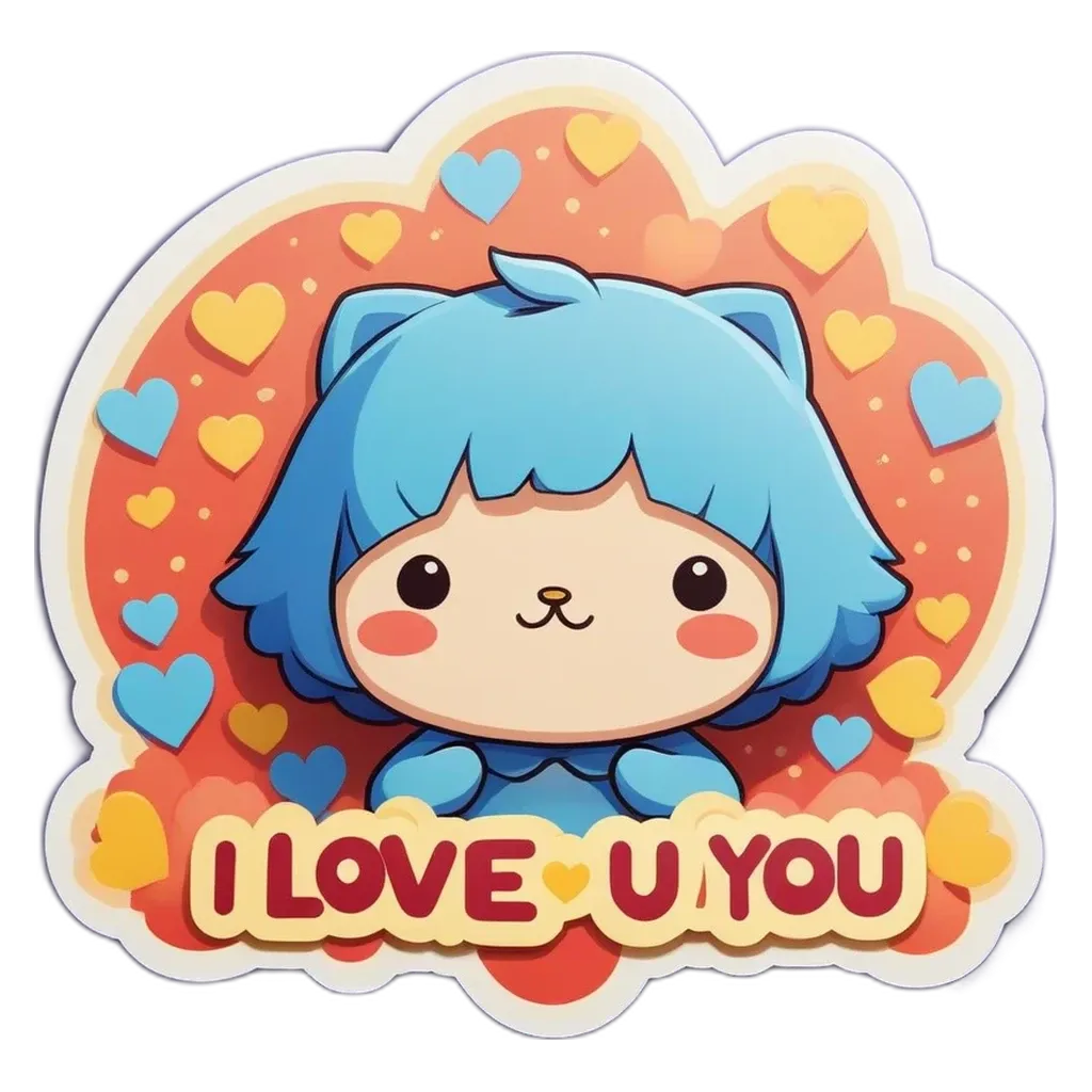 A blue cat sticker that says "I Love You U" is on a black background.
