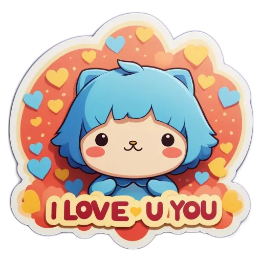 A blue cat sticker that says "I Love You U" is on a black background.
