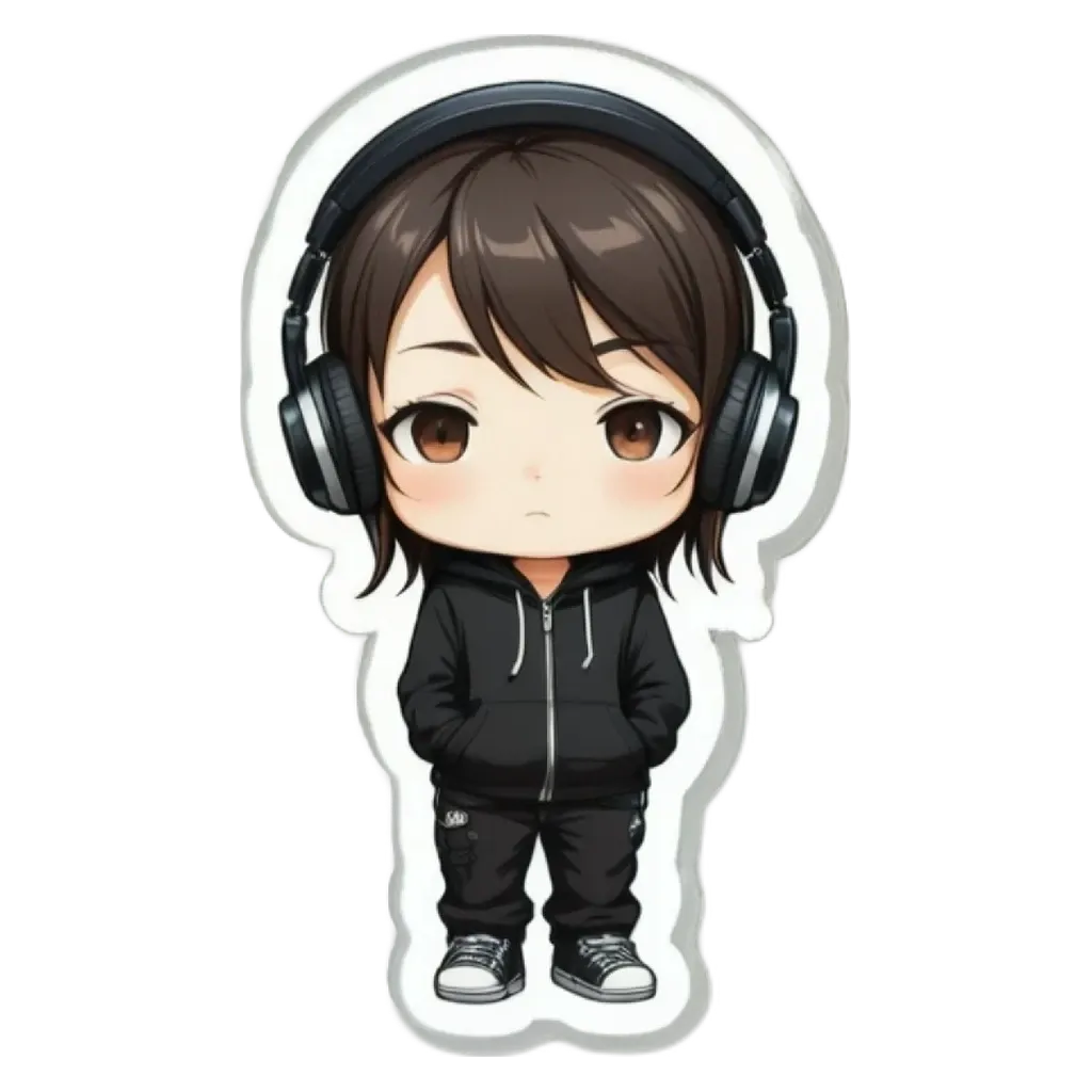 A girl with headphones is holding her headphones in her right hand.