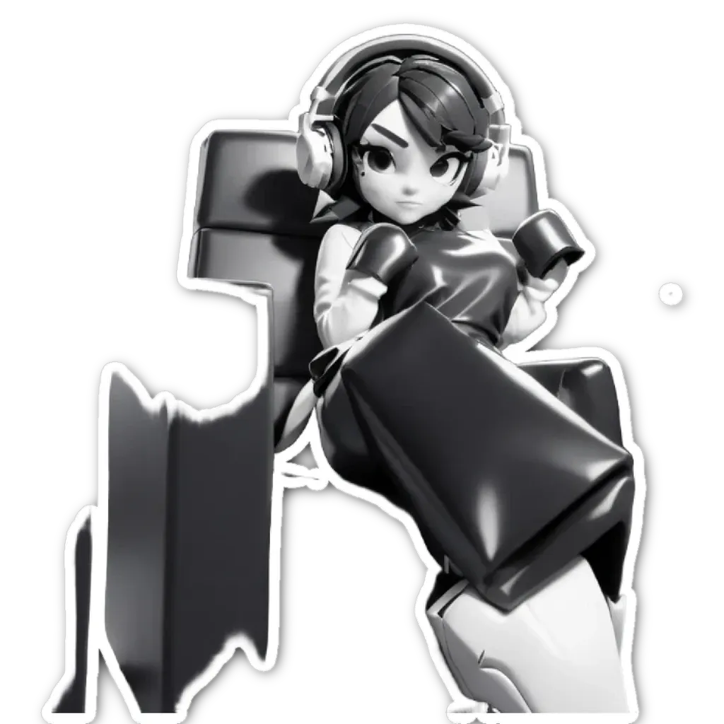 A black and white image of a girl with headphones on a chair.