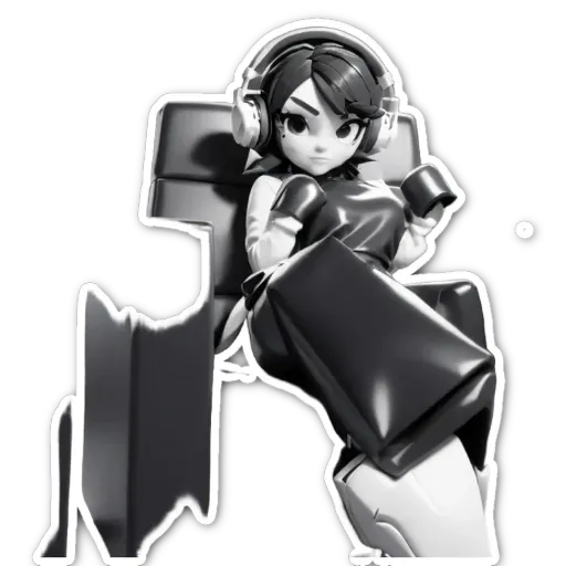 A black and white image of a girl with headphones on a chair.