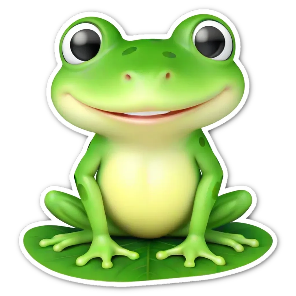 A green frog sitting on a leaf.