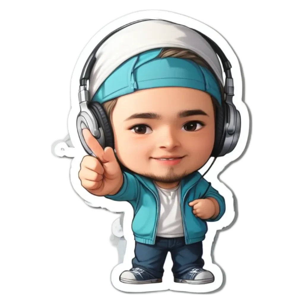 A boy with headphones on his head and a sticker of him that has a thumbs up.