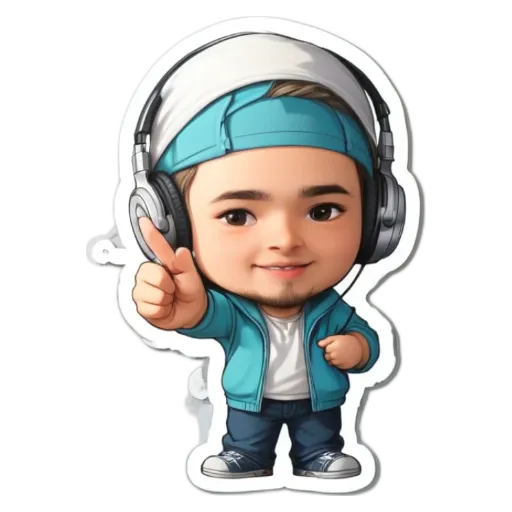 A boy with headphones on his head and a sticker of him that has a thumbs up.