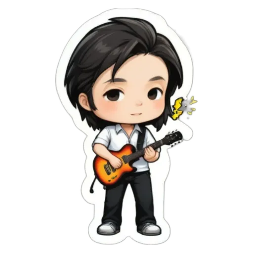A boy playing the guitar is shown on a sticker.