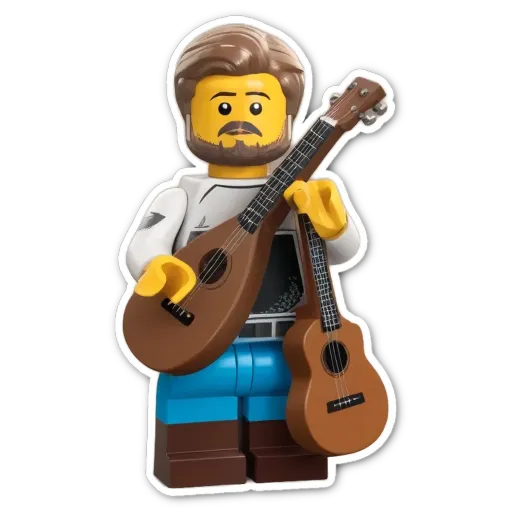 A lego figure holding two guitars on the side.