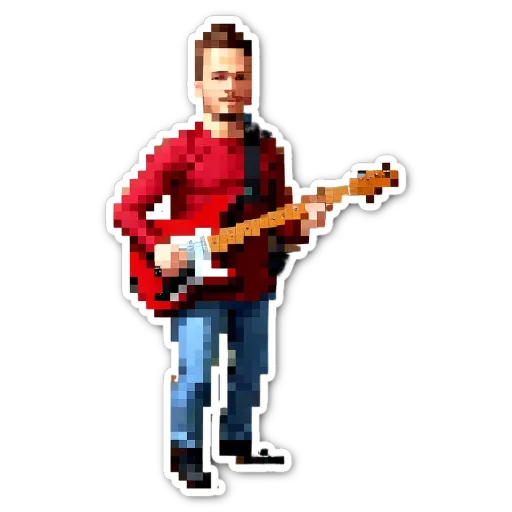 A man holding a guitar in a red shirt.
