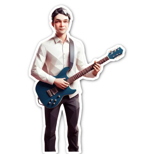 A sticker of a man holding a guitar.