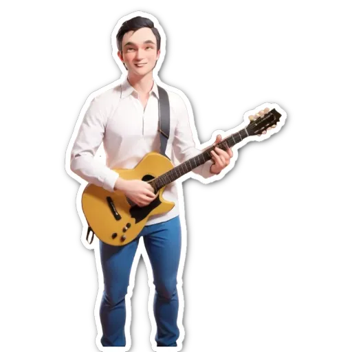 A sticker of a man playing the guitar with the guitar in his right hand.