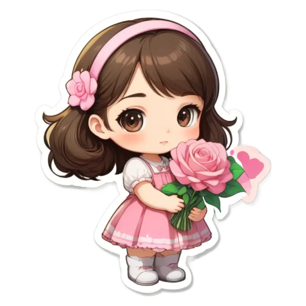 A girl holding a rose in a cartoon girl style.