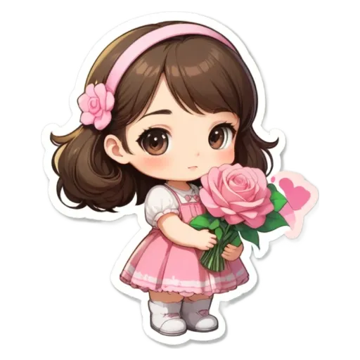 A girl holding a rose in a cartoon girl style.