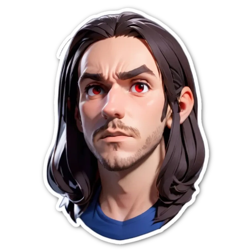 A sticker of a man's face with red eyes.