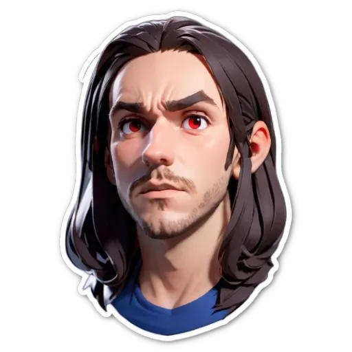 A sticker of a man's face with red eyes.