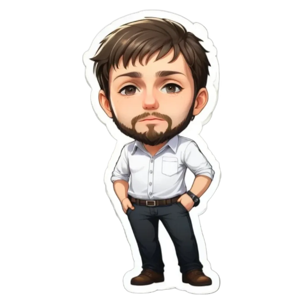A cartoon picture of a man with a beard and white shirt.
