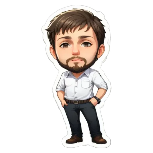 A cartoon picture of a man with a beard and white shirt.
