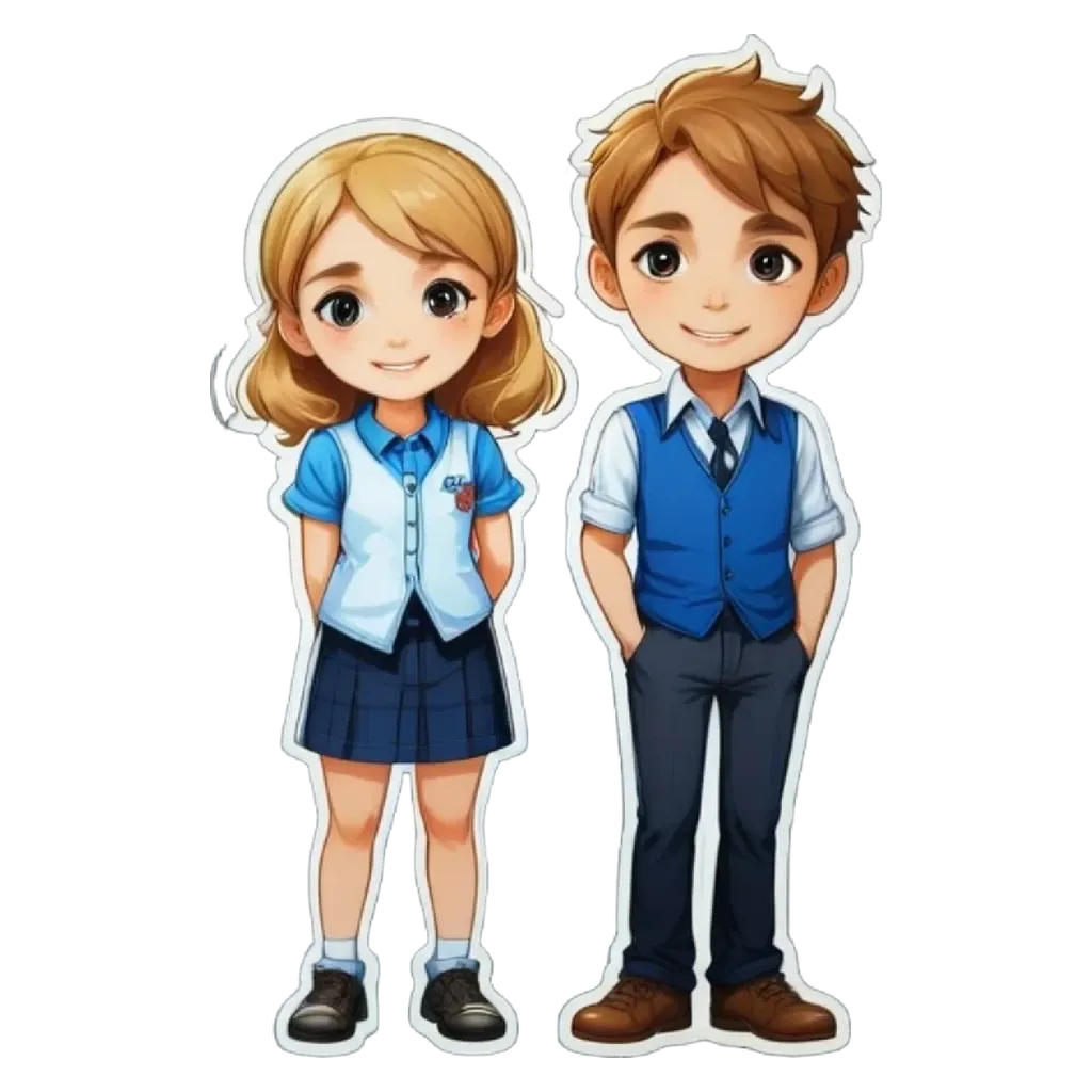 A boy and girl in school uniforms are standing next to each other.