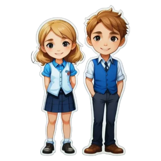 A boy and girl in school uniforms are standing next to each other.